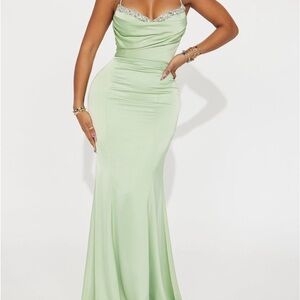 Fashion Nova Green Ruched Mermaid Gown